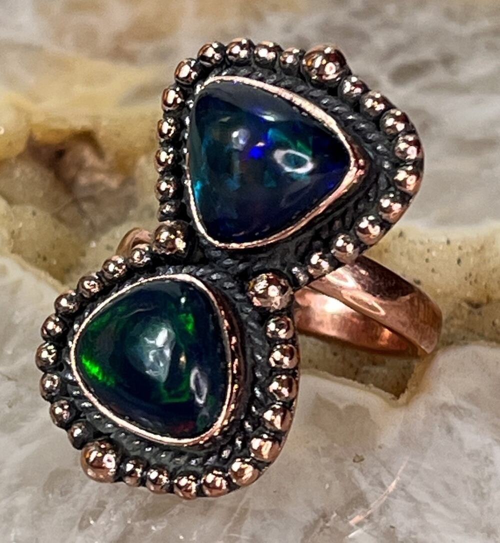 Southwestern Solid Copper Aurora Black Opal Double Stone Ring Adjustable 9.4g
